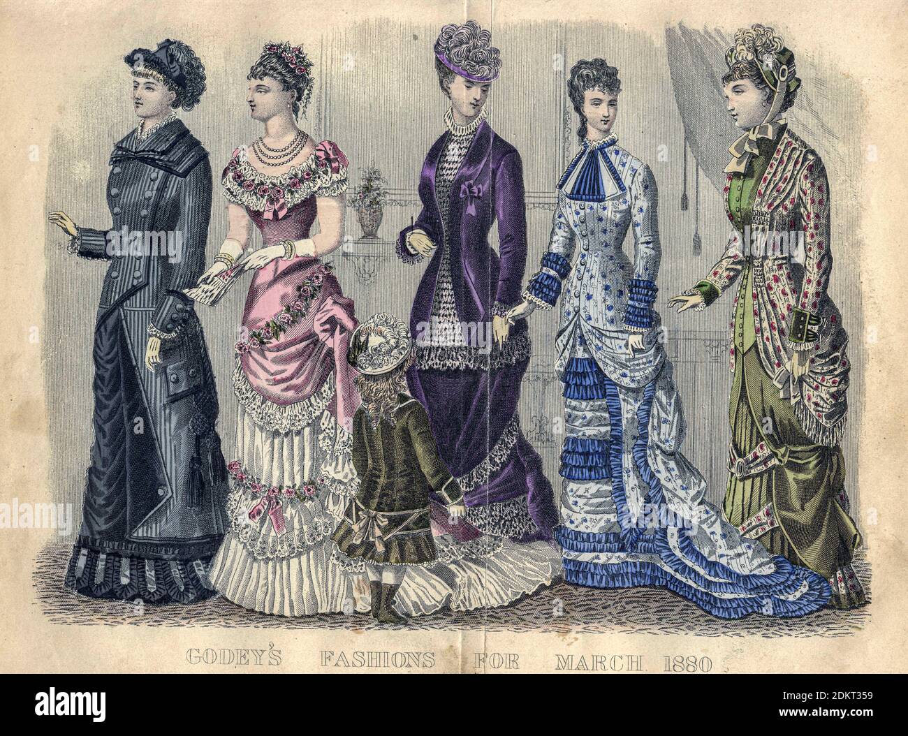 Farbzeichnung von Godeys Damenmode für März 1880 aus Godeys Lady's Book and Magazine, 1880 Philadelphia, Louis A. Godey, Sarah Josepha Hale, Stockfoto