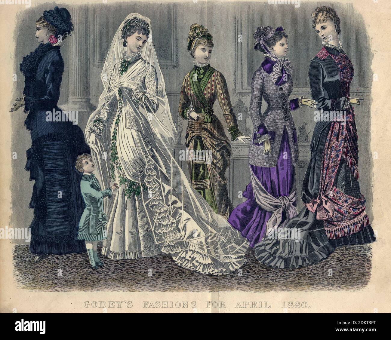 Farbzeichnung von Godeys Damenmode für April 1880 aus Godeys Lady's Book and Magazine, 1880 Philadelphia, Louis A. Godey, Sarah Josepha Hale, Stockfoto