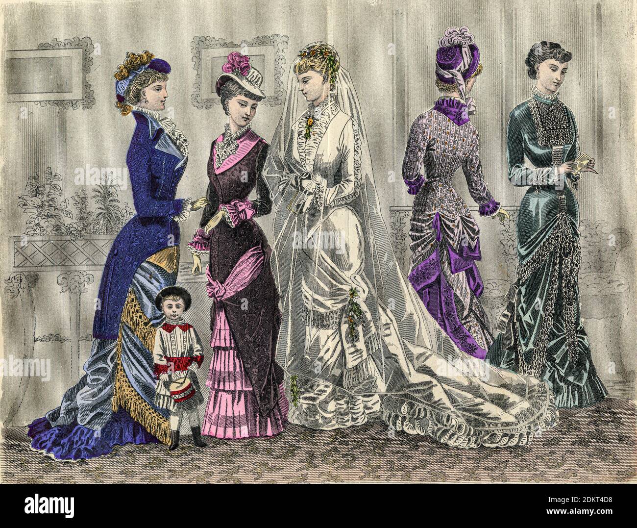 Farbzeichnung von Godeys Damenmode für August 1880 aus Godeys Lady's Book and Magazine, 1880 Philadelphia, Louis A. Godey, Sarah Josepha Hale, Stockfoto