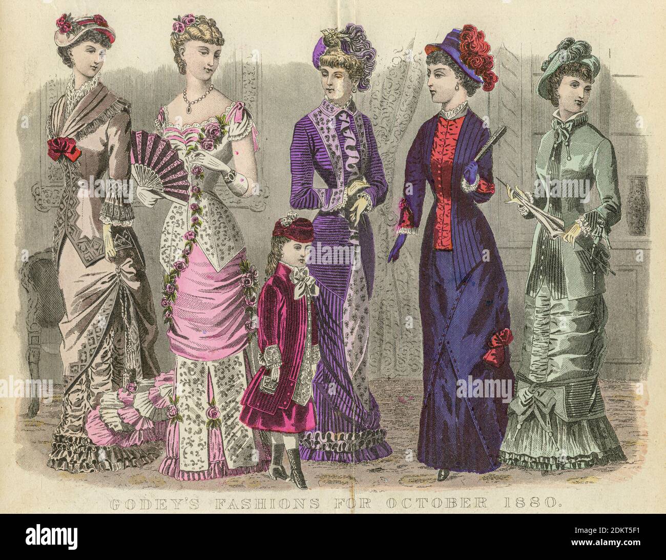 Farbzeichnung von Godeys Damenmode für Oktober 1880 aus Godeys Lady's Book and Magazine, 1880 Philadelphia, Louis A. Godey, Sarah Josepha Hale, Stockfoto