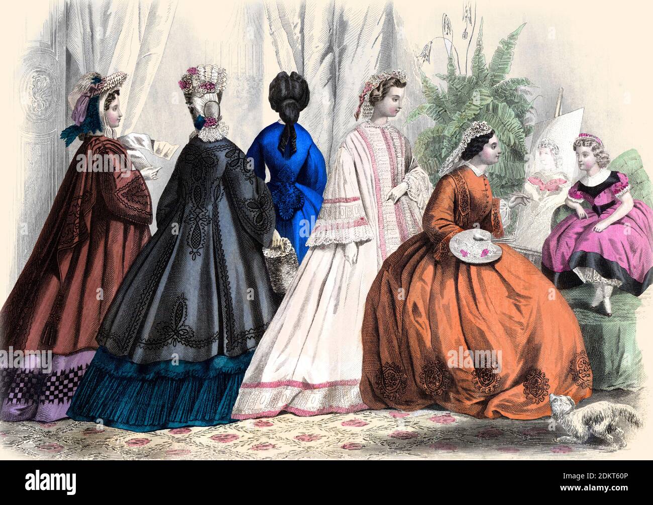 Farbzeichnung von Godeys Damenmode für Januar 1864 aus Godeys Lady's Book and Magazine, 1864 Philadelphia, Louis A. Godey, Sarah Josepha Hale, Stockfoto