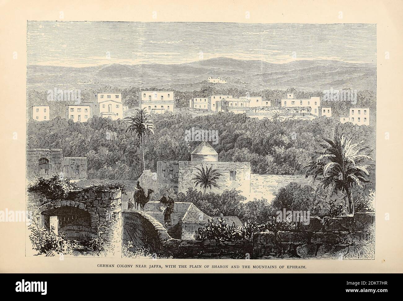 Deutsche Kolonie [amerikanische Kolonie] in der Nähe von Jaffa, mit der Ebene von Sharon und den Bergen von Ephraim aus dem Buch "Those Holy Fields : Palestine, Illustrated by Pen and Pencil" von Manning, Samuel, 1822-1881; Religious Tract Society (Großbritannien) Veröffentlicht in 1873 Stockfoto