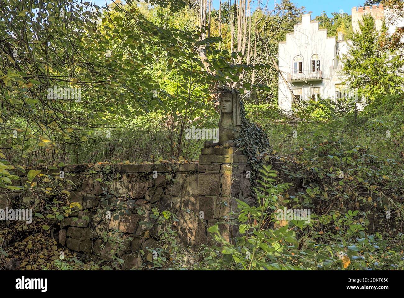 Eine ägyptische Steinfigur blickt in den bewachsenen Garten. Teile des einst stattlichen Gebäudes sind im Hintergrund zu sehen. Schloss Eggersdorf. Stockfoto