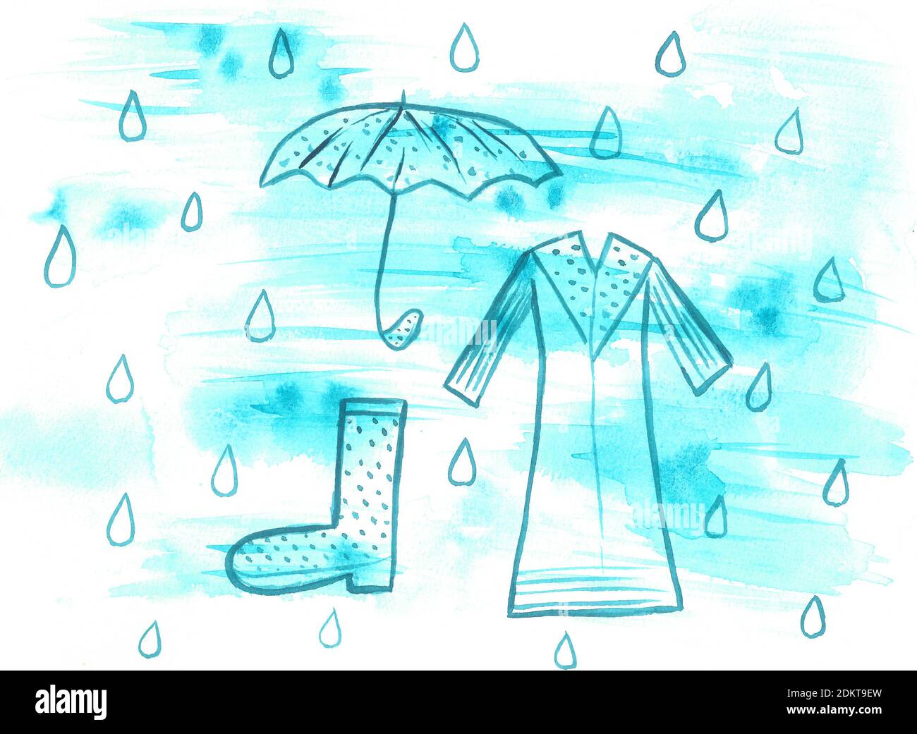 Bewölkt und Regen, Regenschirm, Gummistiefel, Mantel, Mantel, Regenmantel, blaue Regenwolken, Aquarell Hintergrund Stockfoto