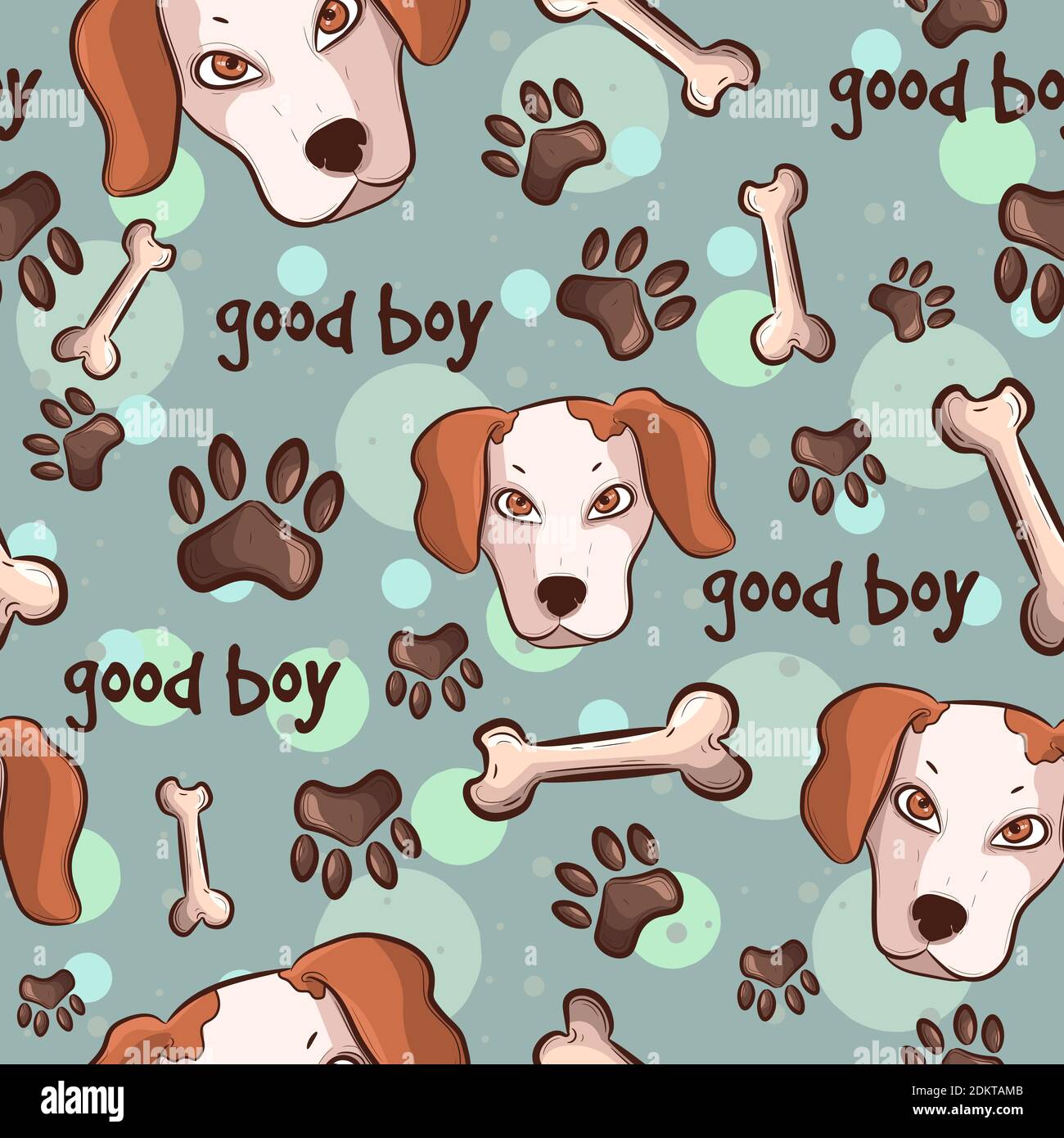 Repetitiver Hintergrund für Hunde. Hunde mit Pfoten und Knochen, Nahtloses Muster. Stock Vektor