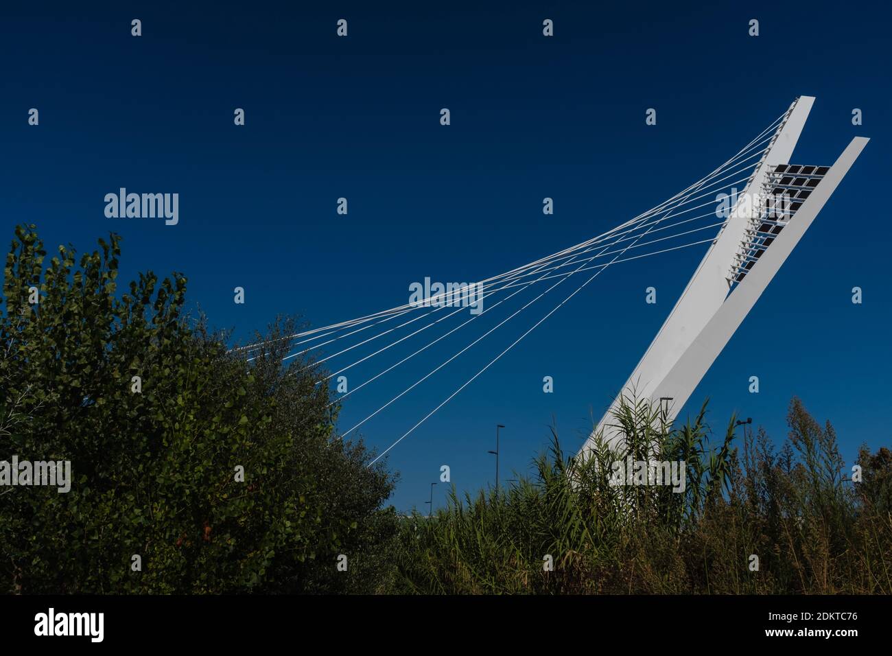 Teilansicht von Ponte Ennio Flaiano (E. Flaiano-Brücke) in Pescara, Italien: Kontraste zwischen Natur und Architektur. Stockfoto