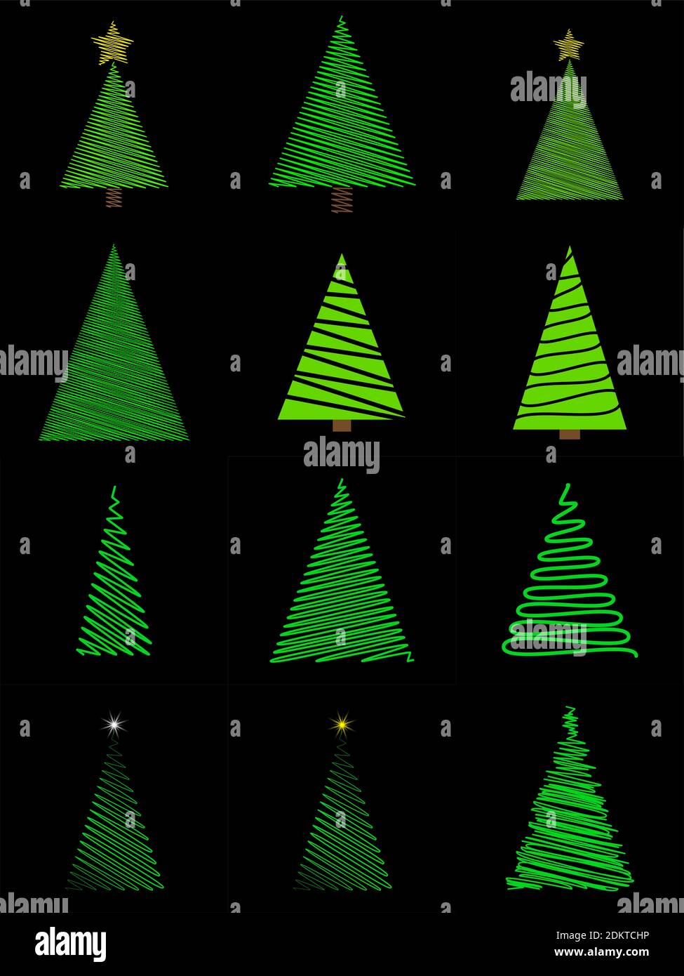 Doodle weihnachtsbaum im Scribble-Stil gesetzt. Grüne handgezeichnete Tannenbaum Sammlung. Vektordarstellung auf schwarzem Hintergrund isoliert. Urlaub minimal d Stock Vektor