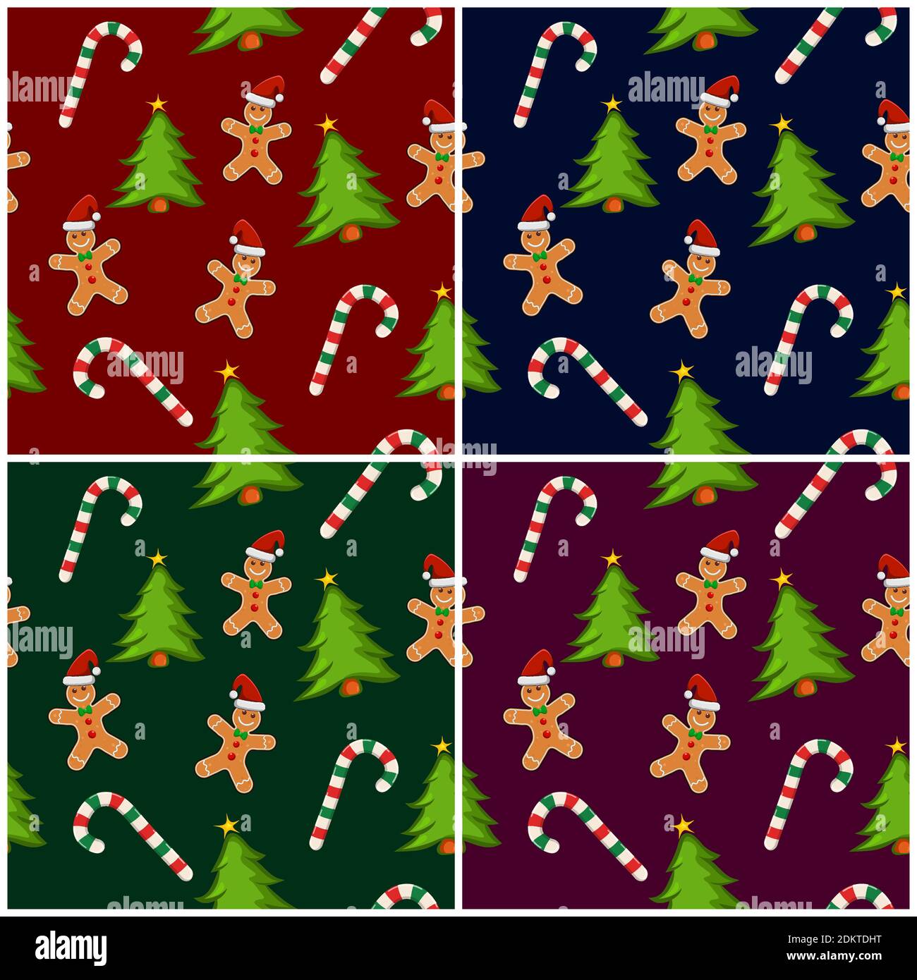 Xmas wiederholende Mustersammlung. Lebkuchen Mann Tapete Fliesen. Weihnachts-Geschenkpapier mit Zuckerrohr, Ingwerkeks und weihnachtsbäumen. Vektor Stock Vektor