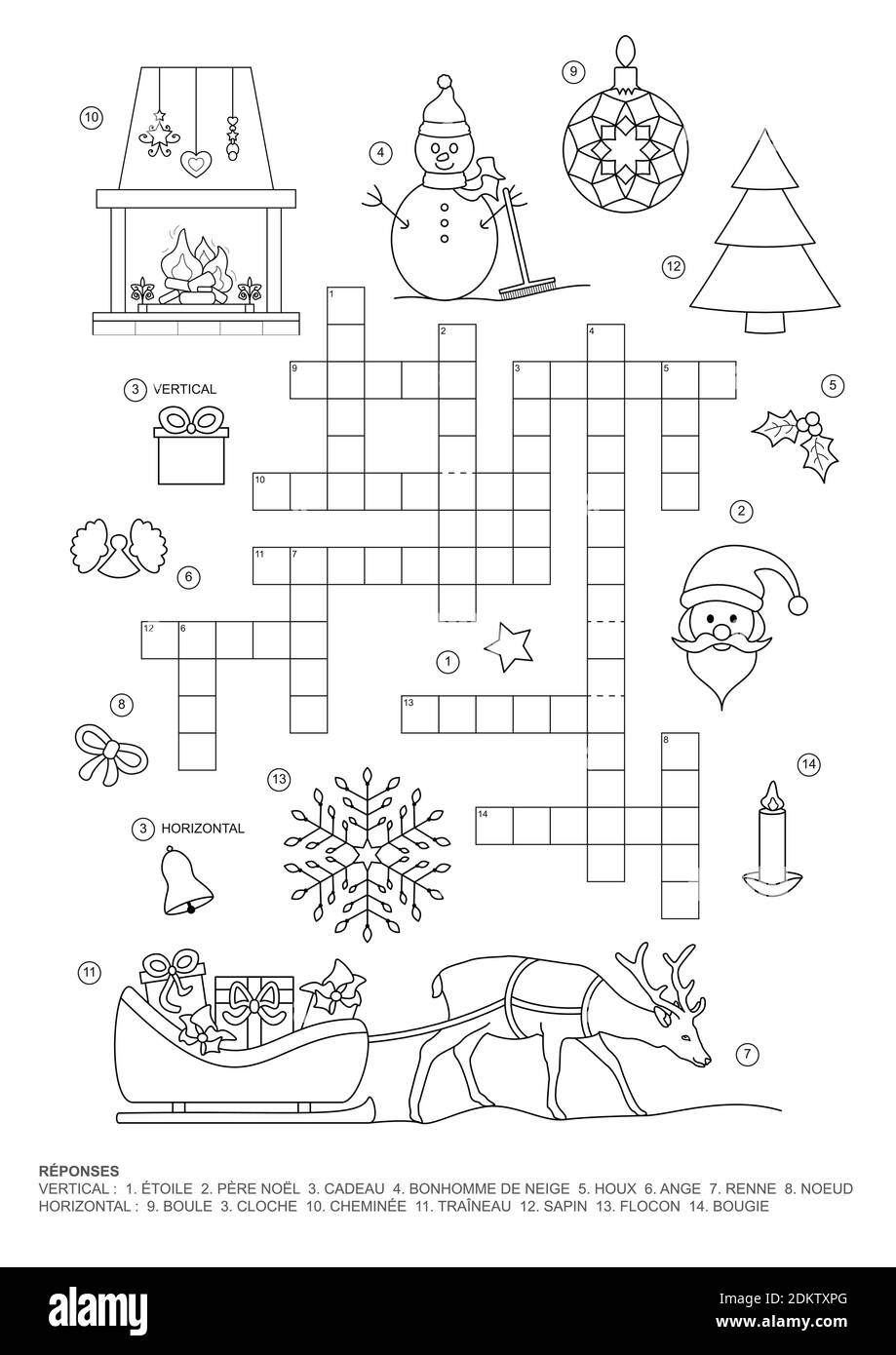 Kreuzworträtsel. Dieses Weihnachten Thema Kreuzworträtsel-Spiel ist für Kinder. Spiel und Färbung Seite. Französische Sprache. Vektorgrafik. Stock Vektor