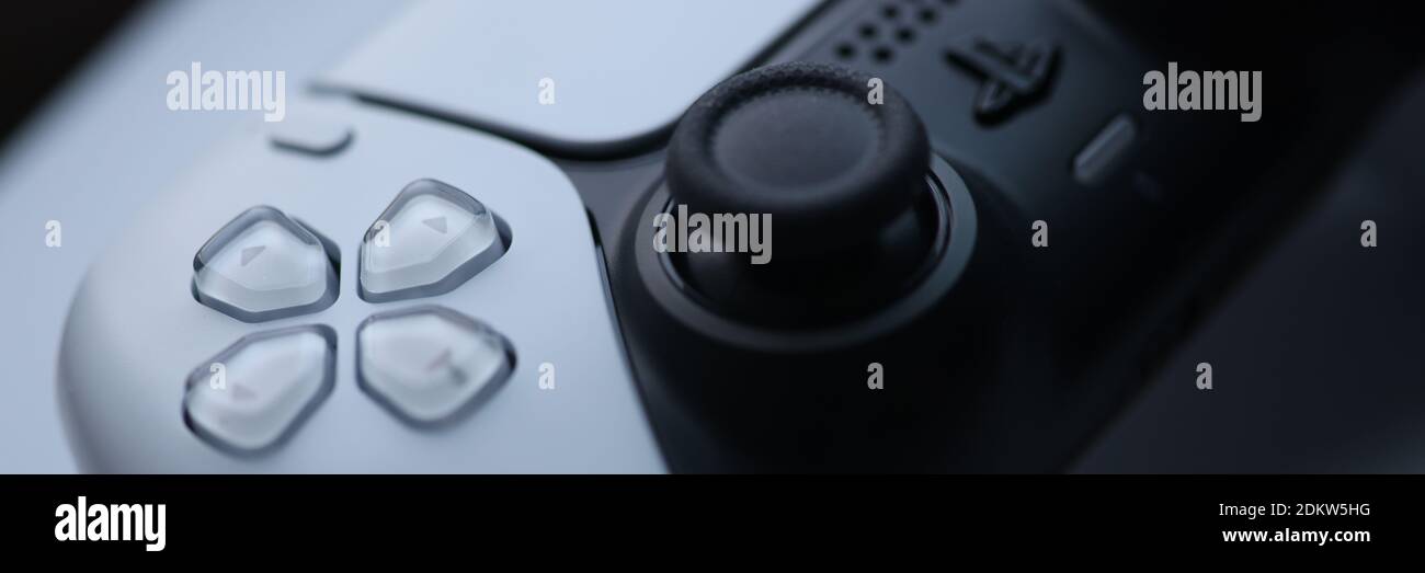 Weiße Sonyplaysation 5 Gamepad Nahaufnahme Hintergrund Stockfoto