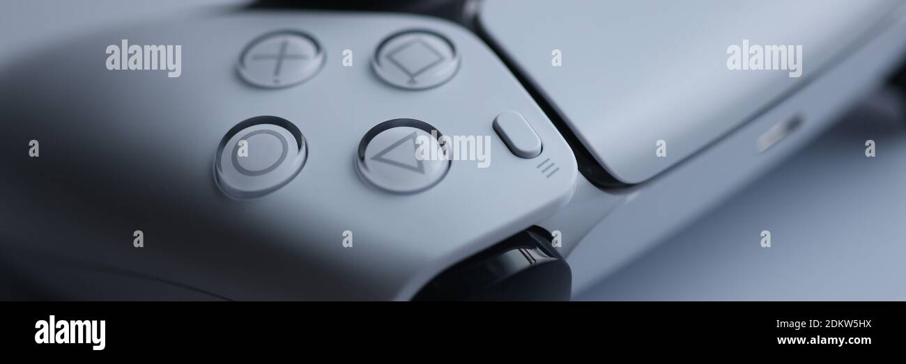 Weiße Sonyplaysation 5 Gamepad Nahaufnahme Hintergrund Stockfoto