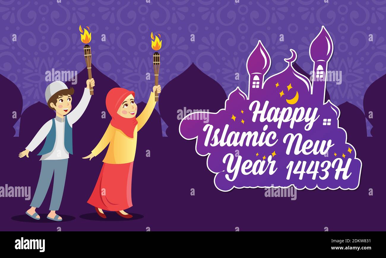 Frohes Islamisches Neues Jahr 1443 Hijriyah Vektor Illustration Nette Cartoon Muslimische Kinder Halten Fackel Islamischen Neujahr Mit Moschee Als Backgroun Feiern Stock Vektorgrafik Alamy