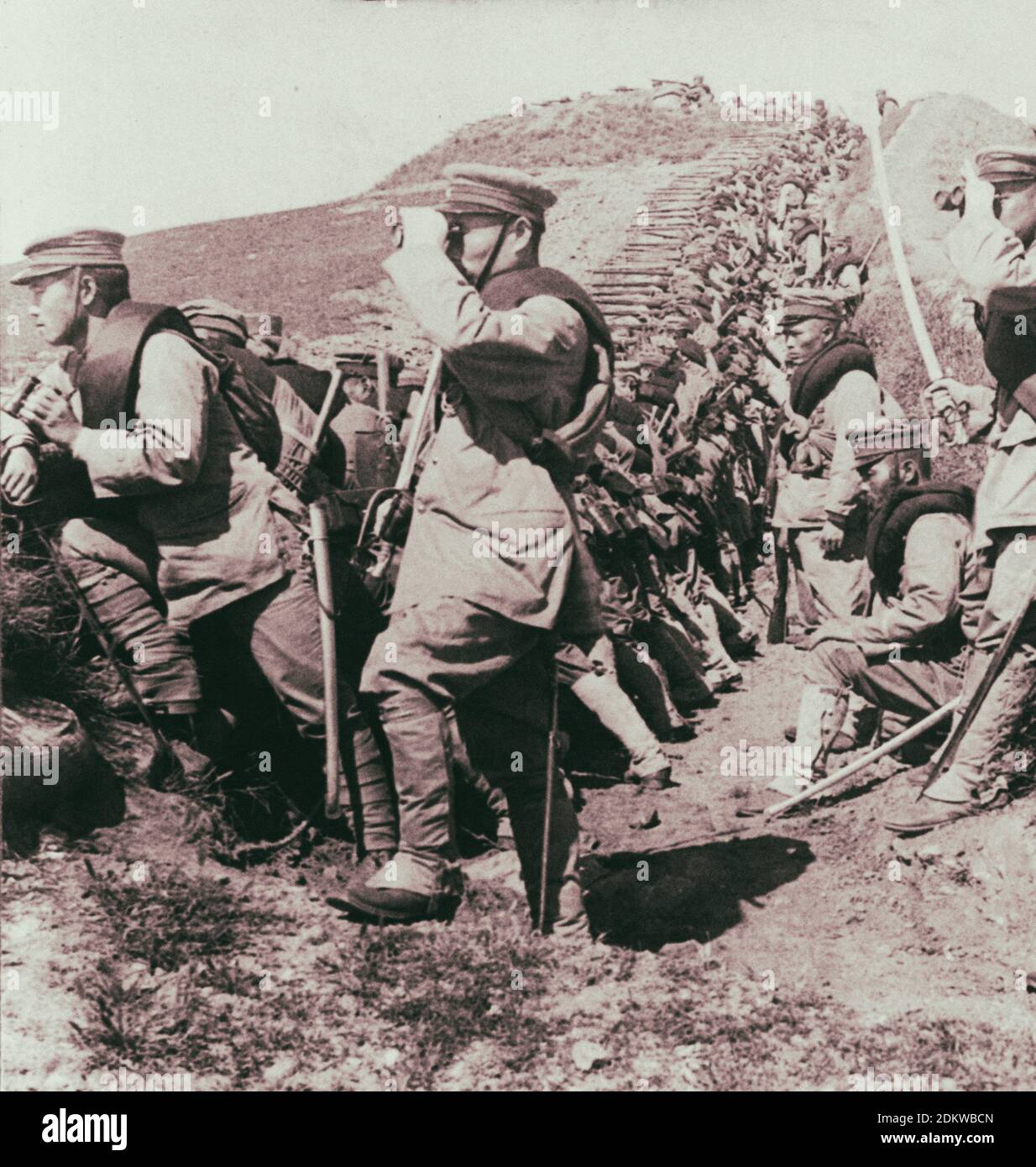 Erwartet einen Angriff von der russischen Kavallerie - Warnung Japaner in der Nähe von Tehling, Mandschurei. 1905 Stockfoto