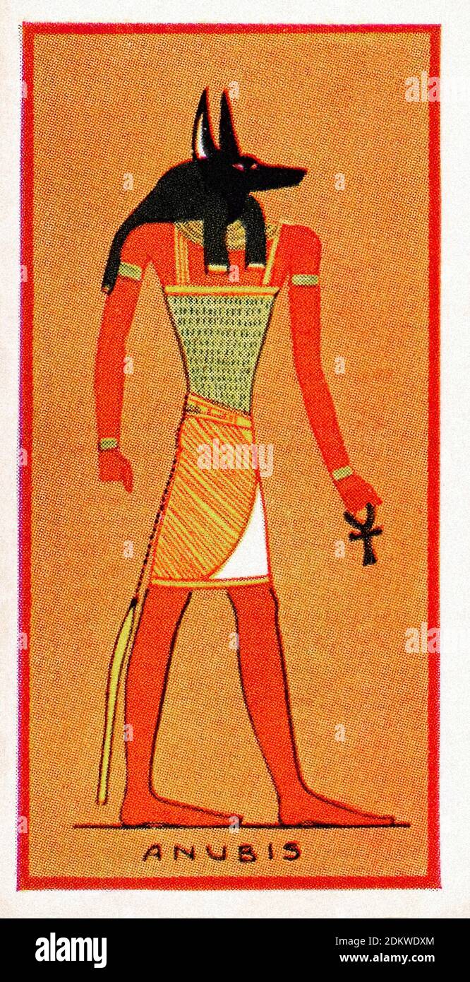 Antike Zigarettenkarten. Henly & Watkins Zigaretten (Serie Ancient Egyptian Gods). Anubis (Inpu), gott des Todes. 1924 Anubis oder Inpu, Anpu im Altertum Stockfoto