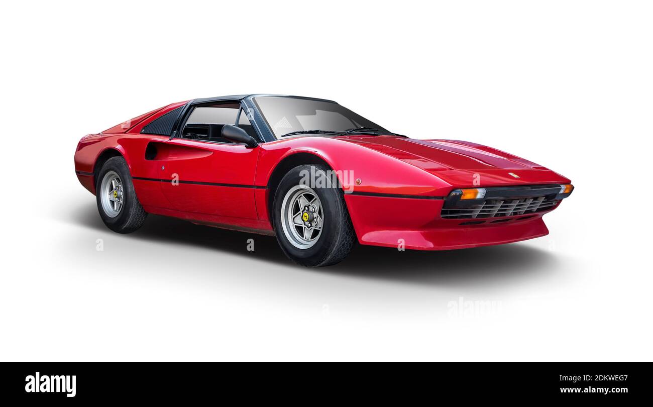 Klassischer italienischer roter Sportwagen isoliert auf weißem Hintergrund Stockfoto
