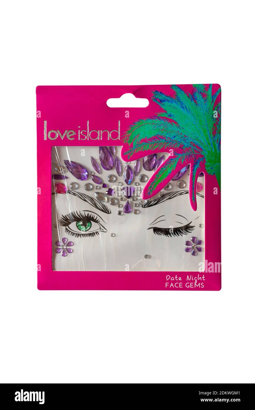 Love Island Date Night Face Edelsteine isoliert auf weißem Hintergrund Stockfoto