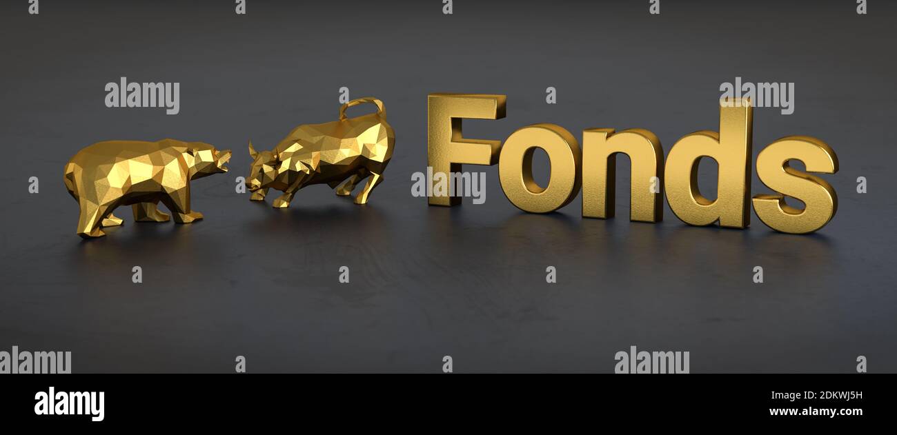 Deutsch und Französisch Sprache Fonds (in Englisch Finanzfonds) Konzept. Ein Stier und Bär neben dem goldenen Text Fonds. Stockfoto