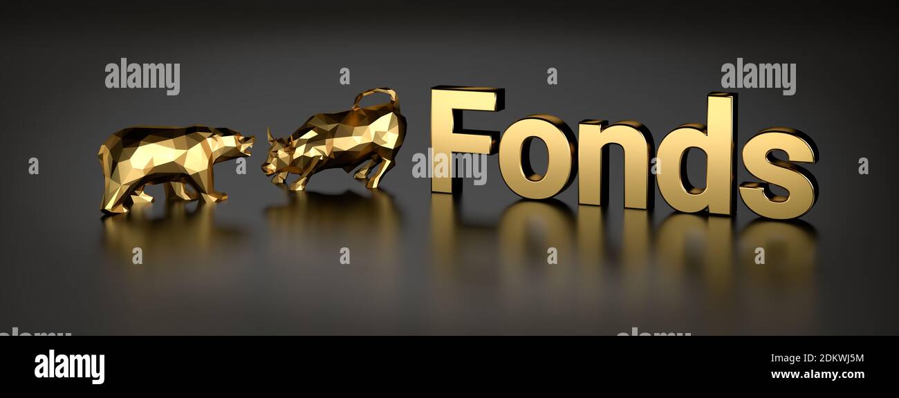 German Fonds (in englischer Sprache Finanzfonds) Konzept. Ein Stier und Bär neben dem goldenen Text Fonds. Stockfoto