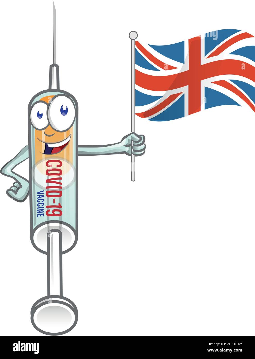 Medizinische Spritze Impfstoff Corona Virus covid-19 mit uk-Flagge . Vektor-Karikatur-Illustration Stock Vektor