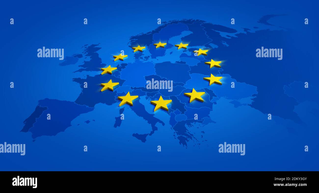 Europa blaues Banner und gelbe Sterne mit Karte der Europäischen Union Innen - 3D-Abbildung Stockfoto