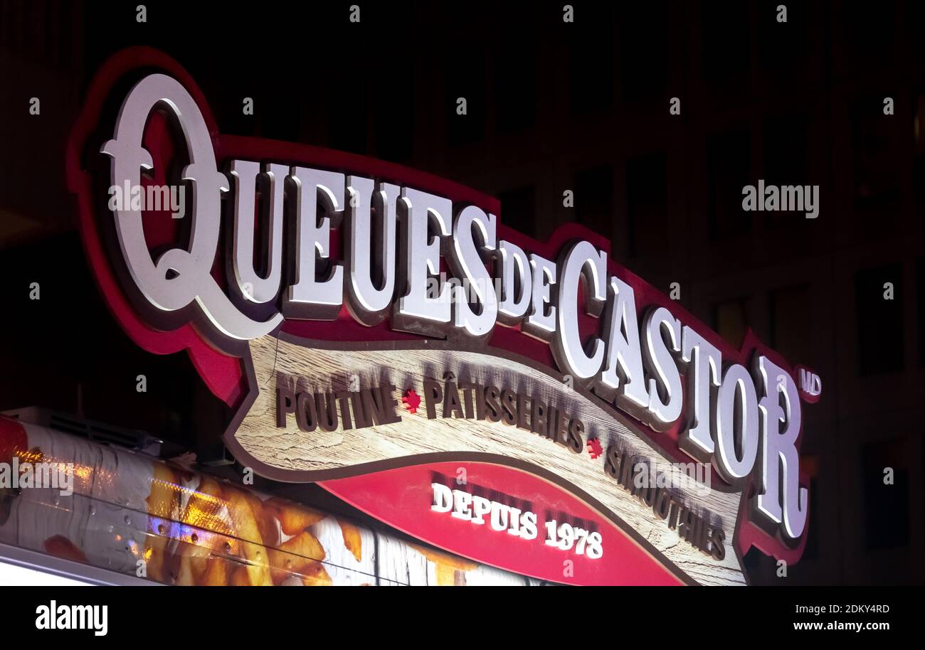 Queues de Castor oder BeaverTails Gebäck Geschäftsschild, Montreal, Kanada Stockfoto