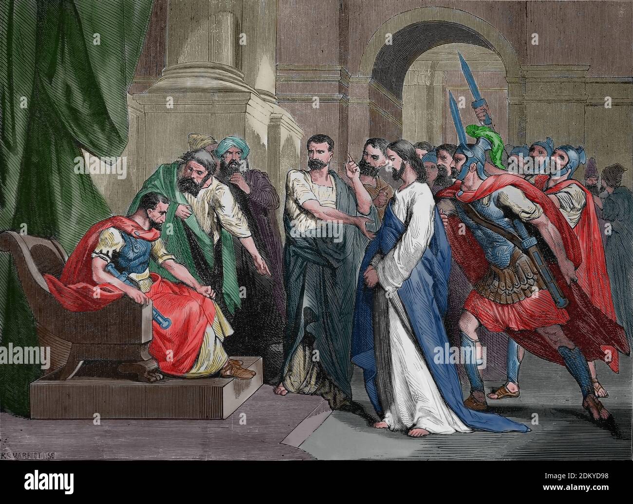 Neues Testament. Jesu Prozess vor Pilatus (Matthäus 27). Gravur, 19. Jahrhundert. Stockfoto