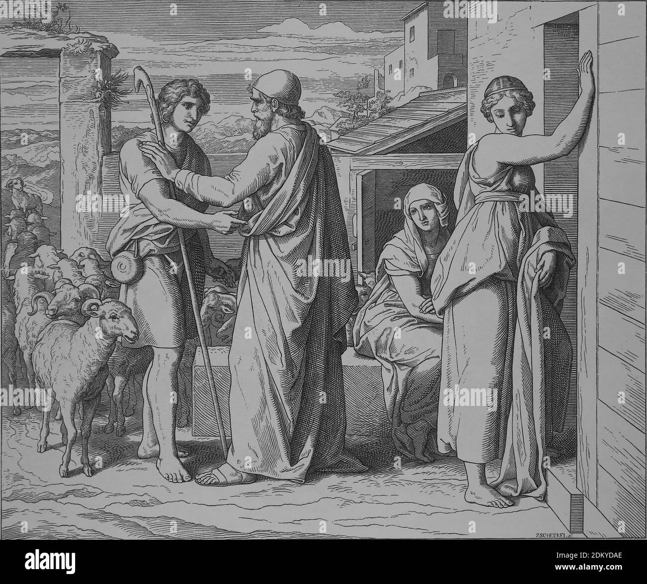 Jakob sucht Rachels Hand in der Ehe. Genesis, Kegel 29. Stich von Julius Schnorr von Carolsfeld (1794-1872). Stockfoto