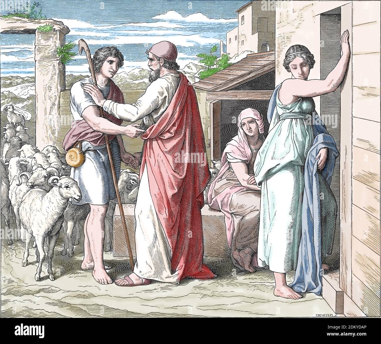 Jakob sucht Rachels Hand in der Ehe. Genesis, Kegel 29. Stich von Julius Schnorr von Carolsfeld (1794-1872). Stockfoto