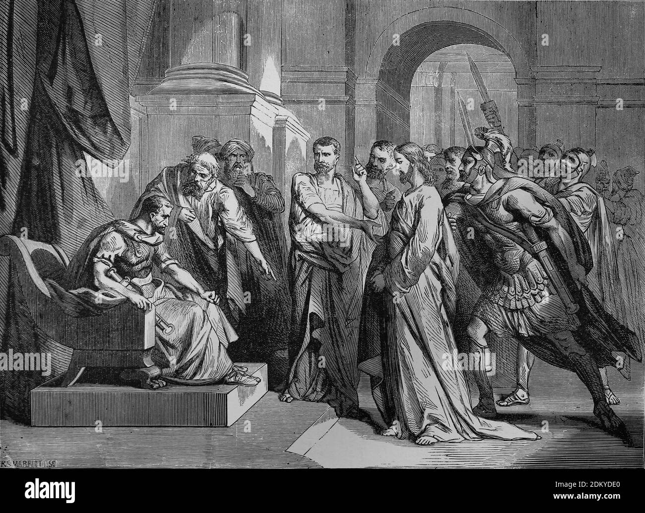 Neues Testament. Jesu Prozess vor Pilatus (Matthäus 27). Gravur, 19. Jahrhundert. Stockfoto