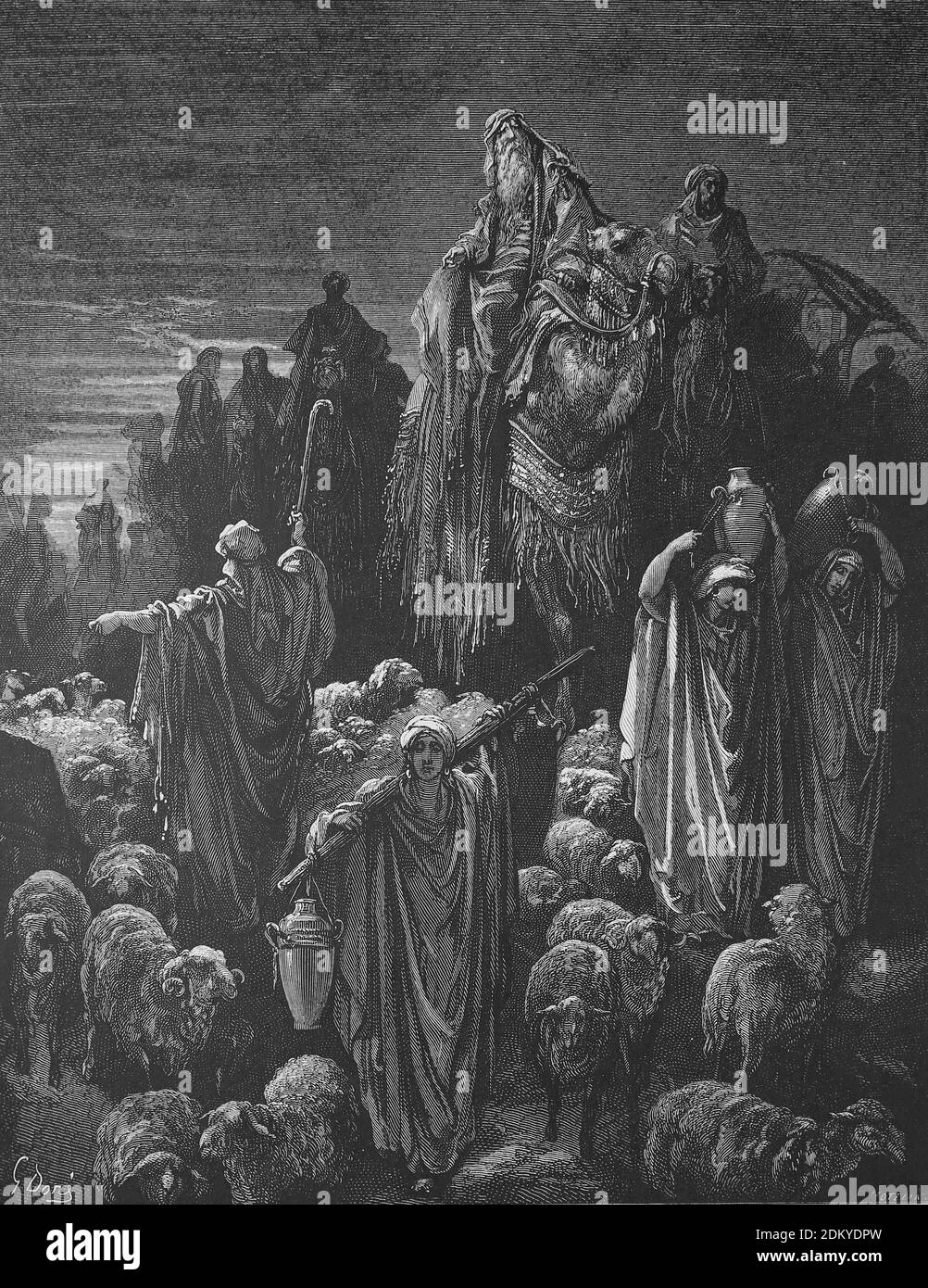 Alter Testametn. Jakob kommt nach Ägypten. Genesis, Kapitel 46. Gravur von Gustave Dore (1832-1883). Stockfoto