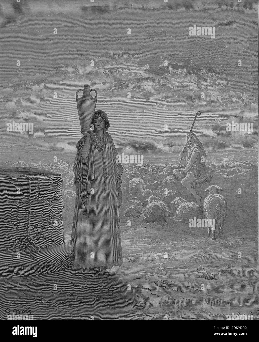 Jakob hält Labans Herden. Genesis 29;20. Gravur von Gustave Dore (1832-1883). Stockfoto