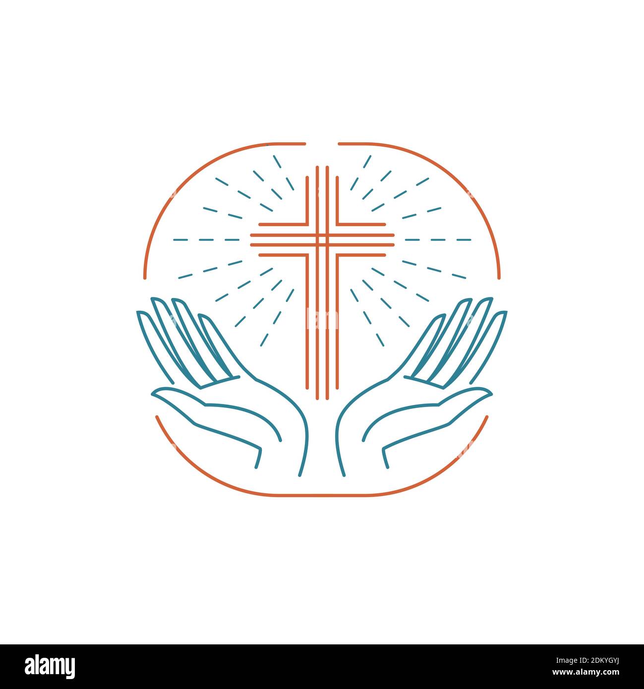 Vector Logo Kirche. Katholisch christian glühendes Kreuz mit Händen Stock Vektor