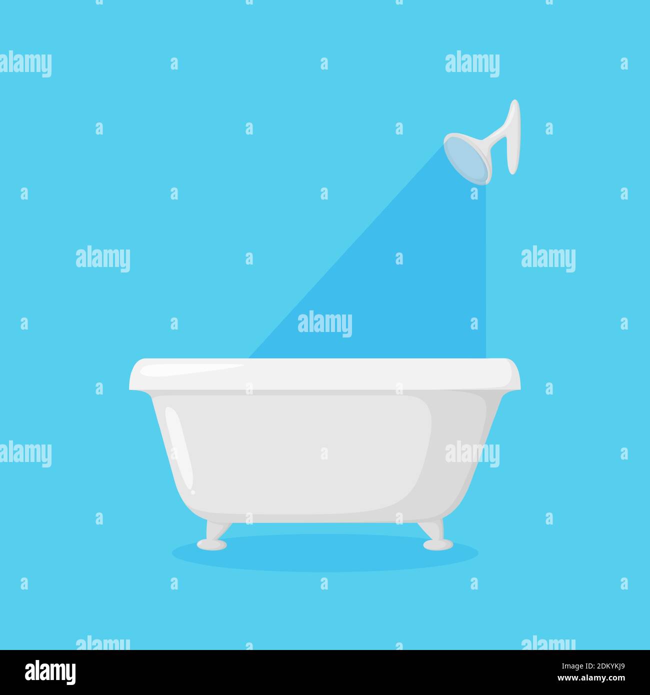Badewanne für Badezimmer mit Dusche und fallendem Wasser. Weiße, moderne Badewanne auf blauem Hintergrund isoliert. Vektorgrafik im Cartoon-Stil Stock Vektor