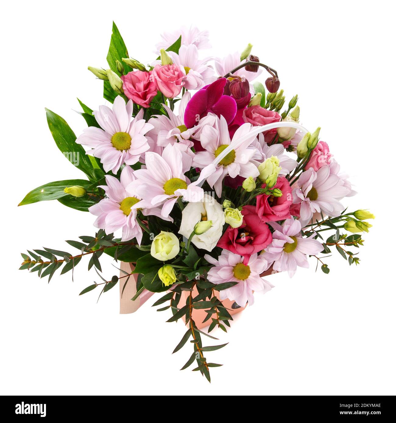 Zartes Bouquet von Pastellfarben mit verschiedenen Blumen auf weißem Hintergrund. Stockfoto