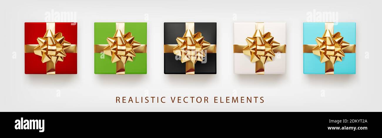 Geschenkkollektion mit goldener Folienschleife. Set von 3d realistische Geschenk-Boxen weiß, rot, grün, blau Farben. Stock Vektor