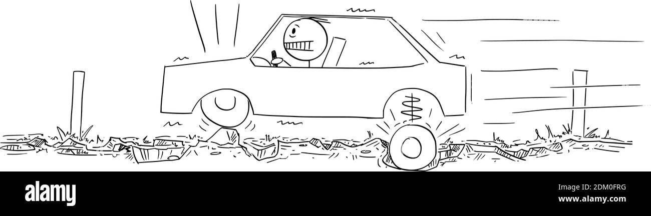 Vektor-Cartoon-Stick Figur Abbildung des Fahrers Auto auf sehr schlechte Straße mit Asphalt voller Schlaglöcher fahren. Stock Vektor