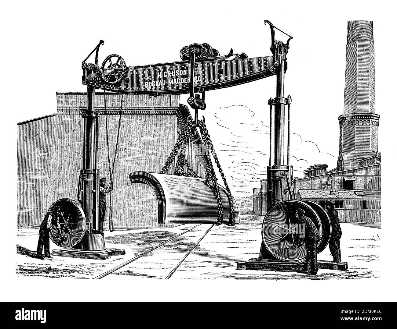 Industriemaschinen: Hydraulischer Hebezeug mit horizontalem Kranbalken von Gruson's Industries in Magdeburg - Deutschland, 19. Jahrhundert Gravur Stockfoto