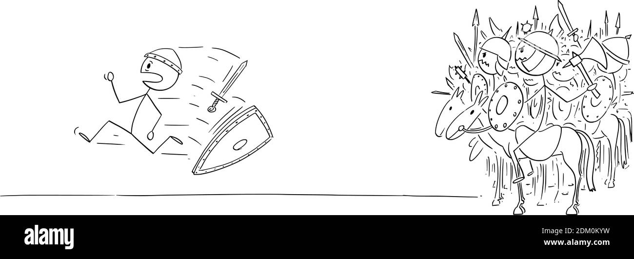 Vektor-Cartoon-Stick Figur Illustration von Ritter oder Soldat weglaufen in Angst und Panik aus der Gruppe oder Armee der alten oder mittelalterlichen Reiter, Kavallerie oder Marodeuter. Stock Vektor