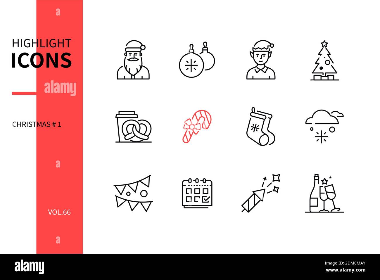 Weihnachten Symbole - Linie Design Stil Symbole gesetzt. Neujahrsfeier, Feiertagstraditionen und Dekorationsidee. Weihnachtsmann, Elf, Weihnachtsbaum, Brezel, Süßigkeiten Stock Vektor
