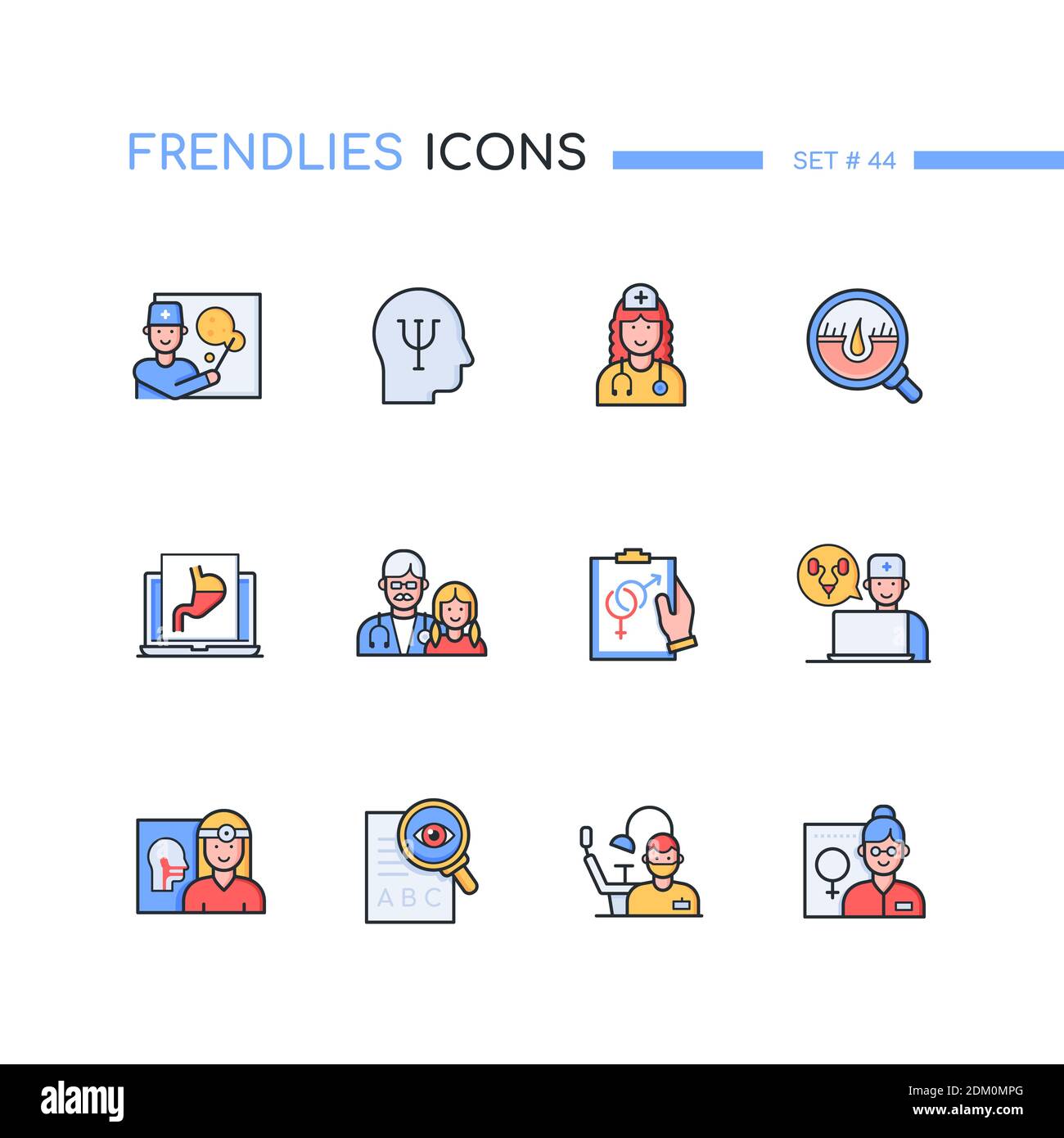 Medizinische Berufe - moderne Linie Design Stil Icons gesetzt. Gesundheitswesen und Medizin Konzept. Immunologe, Gynäkologe, Kinderarzt, Urologe. ENT, g Stock Vektor