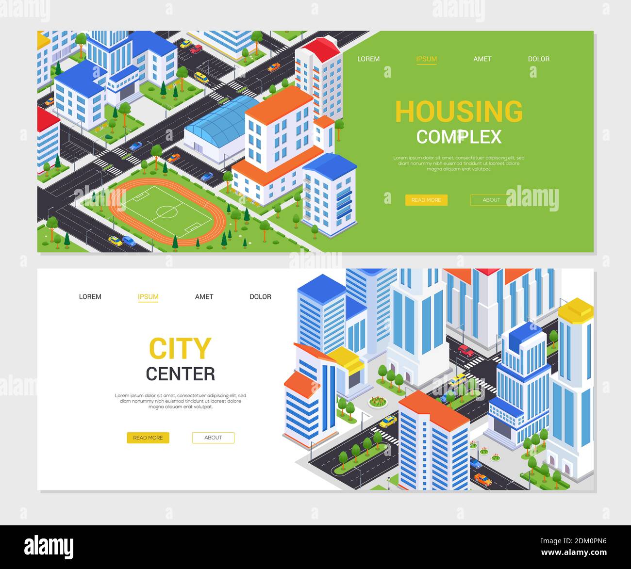 Urban Landscapes - Satz von bunten isometrischen Web-Banner mit Platz für Text kopieren. Qualität Zusammensetzung mit Wohnhäusern, Gebäuden, Fußball-Fiel Stock Vektor