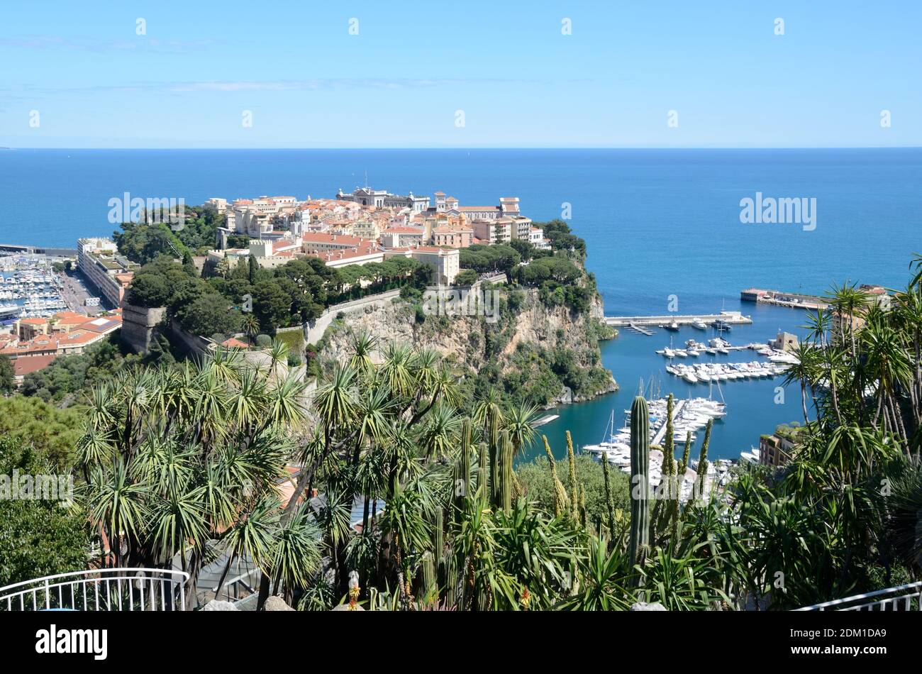 Blick auf den Felsen von Monte Carlo & Succulents Or Kakteen des exotischen Gartens oder Jardin Exotique de Monaco Stockfoto