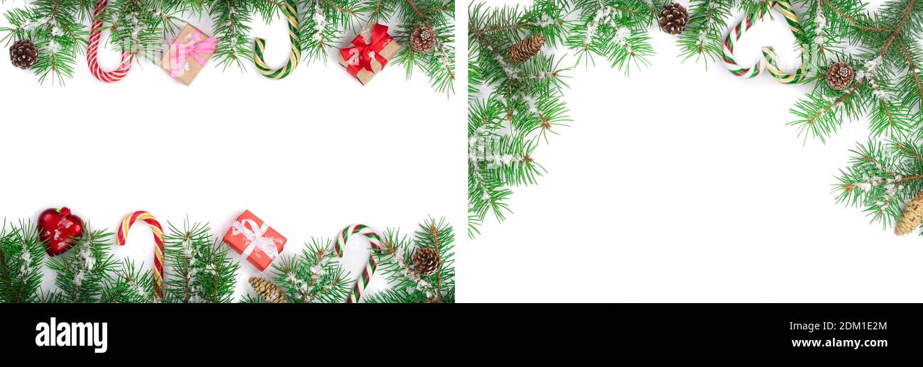 Weihnachten Rahmen von Fir Baum Zweig mit Süßigkeiten Stöcke und Boxen isoliert auf weißem Hintergrund mit Kopieplatz für Ihren Text. Set oder Sammlung. Stockfoto
