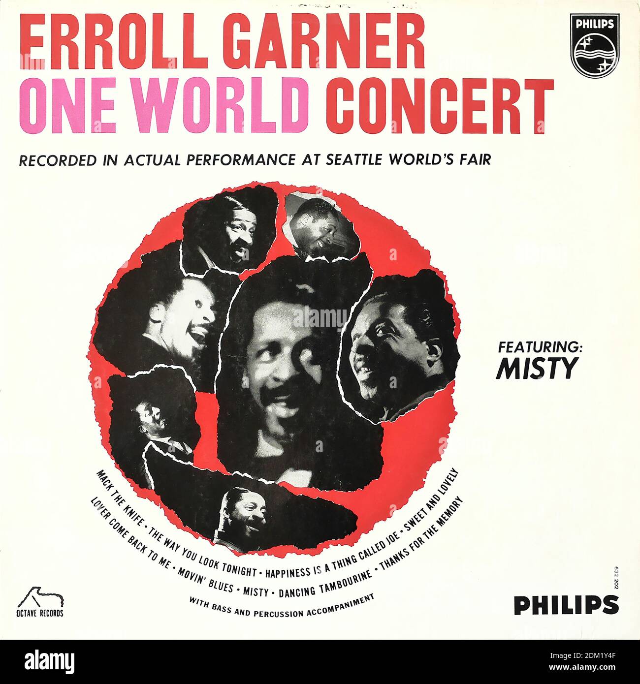 Erroll Garner Piano, Erward Calhoun Bass, Kelly Martin Percussion - One World Concert - Live Seattle World's Fair, Philips 632 202 BL, 842 912 BY, Octave Records 1963 - Vintage Vinyl Album Cover Stockfoto