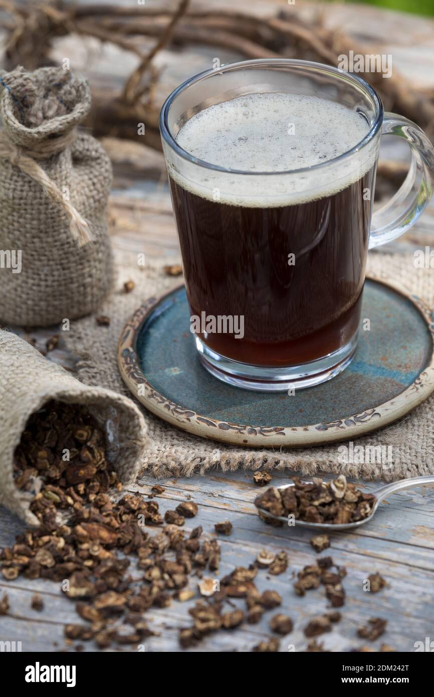 Löwenzahn-Kaffee, Löwenzahn-Tee, Heiltee, Kräutertee, Wurzelkaffee, Wurzel-Kaffee, Kaffee, Kaffeersatz, Kaffee-Ersatz, Tee, Wurzeltee aus gerösteten Stockfoto