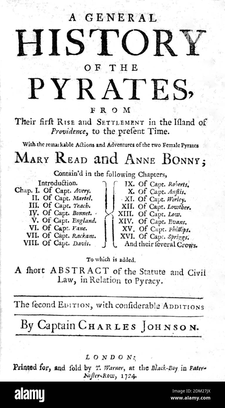 Eine ALLGEMEINE GESCHICHTE DER PYRATES Titelseite der 1724 Buch mit dem Pseudonym Captain Charles Johnson als Autor Stockfoto
