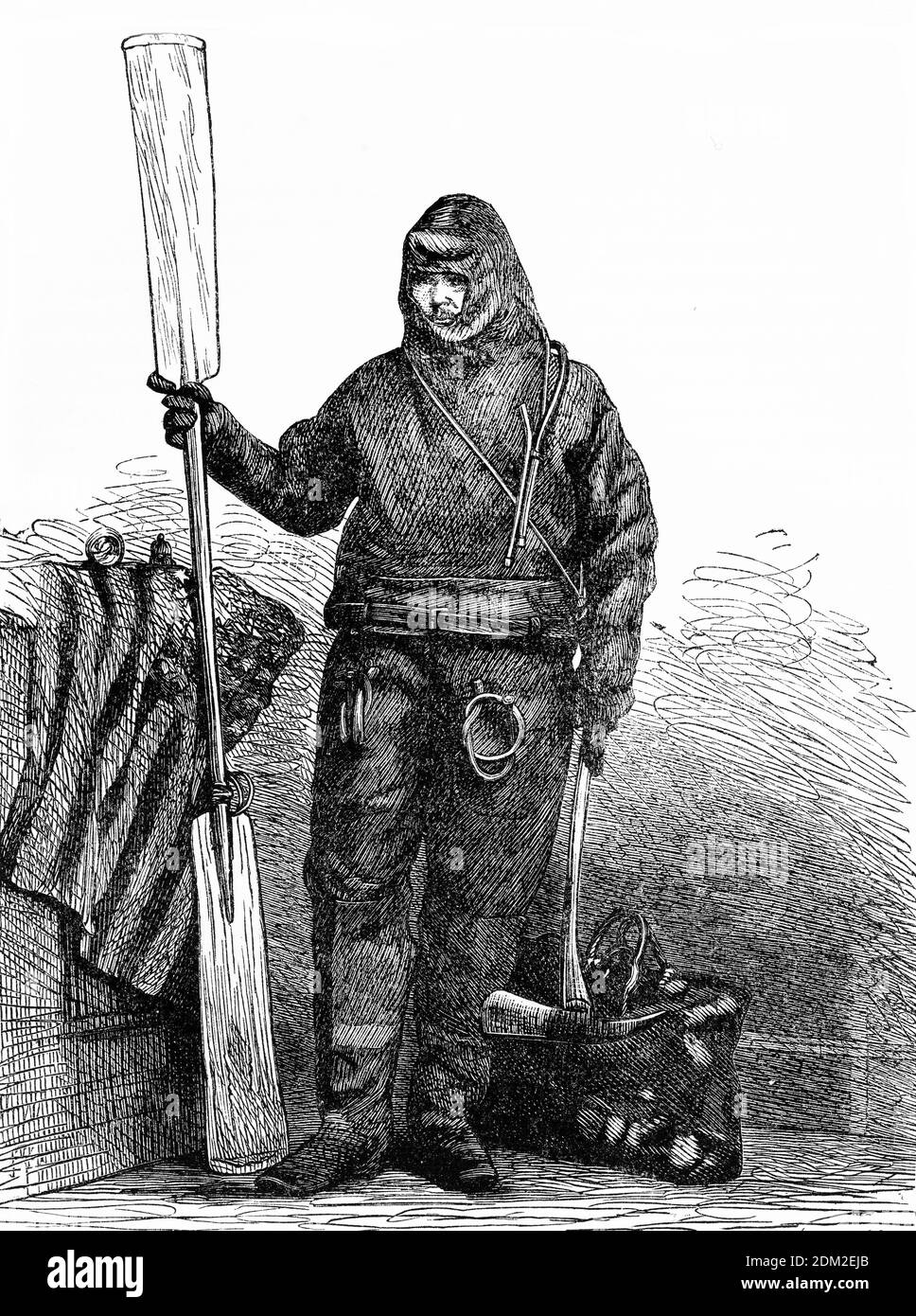 Eingraviertes Porträt von Paul Boyton (1848-1924), bekannt als der Fearless Frogman, war ein Showman und Abenteurer. Boyton ist am besten für seine Wasserstunts bekannt, die die Welt fesselten, einschließlich der Überquerung des Ärmelkanals in einem neuartigen Gummianzug, der ähnlich wie ein Kajak funktionierte Stockfoto