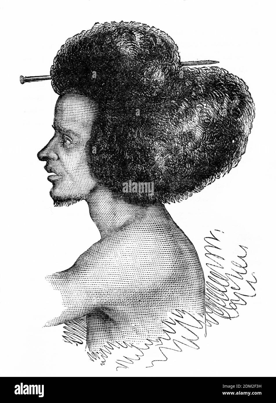 Eingraviertes Porträt eines Afrikaners mit einem kunstvollen Kopf Der Haare Stockfoto