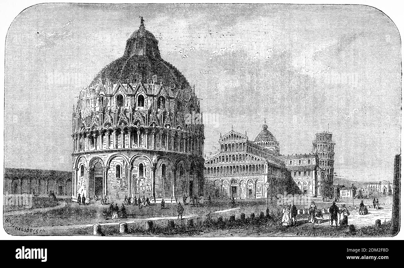 Gravur des Baptisteriums, der Kathedrale und des schiefen Turms in Pisa, Italien, um 1870 Stockfoto