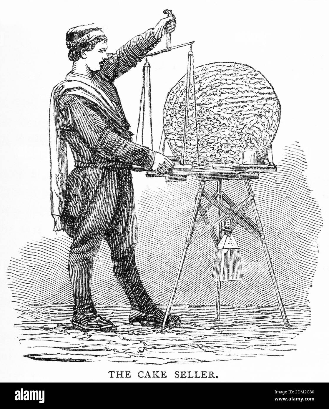 Gravur eines Mannes, der große flache Ingwer-Brot-Kuchen verkauft Stockfoto